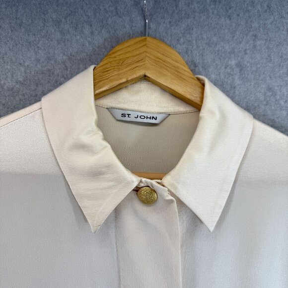 St. John Ivory Silk Button-Up Blouse Size 14 Long Sleeves Gold Buttons FLAWED - Picture 4 of 16